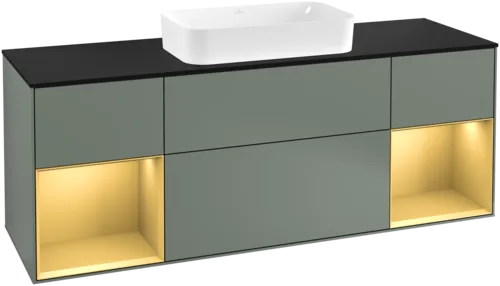 VILLEROY BOCH Toaletní skříňka Finion, s osvětlením, 4 výsuvy, 1600 x 603 x 501 mm, olivový matný lak / zlatý matný lak / černé matné sklo #F332HFGM
