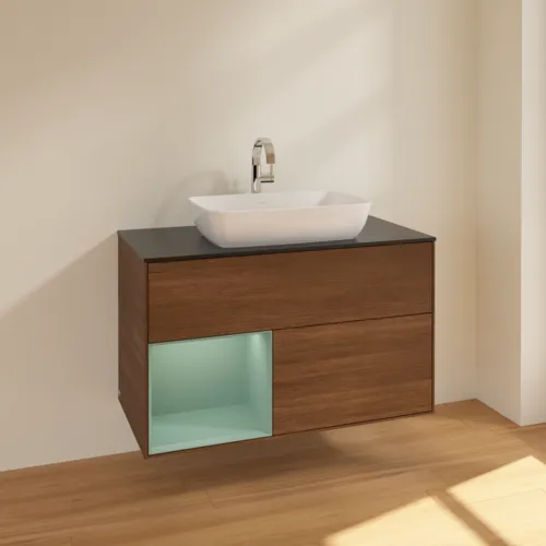 VILLEROY BOCH Toaletní skříňka Finion, s osvětlením, 2 výsuvy, 1000 x 603 x 501 mm, ořechová dýha / olivový matný lak / sklo černé matné #F772GMGN, obrázek 2