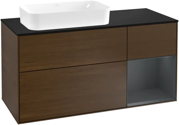 VILLEROY BOCH Toaletní skříňka Finion, s osvětlením, 3 výsuvy, 1200 x 603 x 501 mm, ořechová dýha / půlnočně modrý matný lak / černé matné sklo #F282HGGN