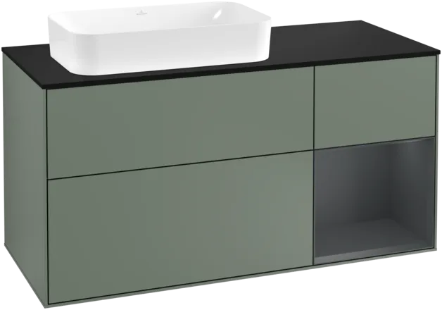VILLEROY BOCH Toaletní skříňka Finion, s osvětlením, 3 výsuvy, 1200 x 603 x 501 mm, olivový matný lak / půlnoční modrý matný lak / černé matné sklo #F282HGGM