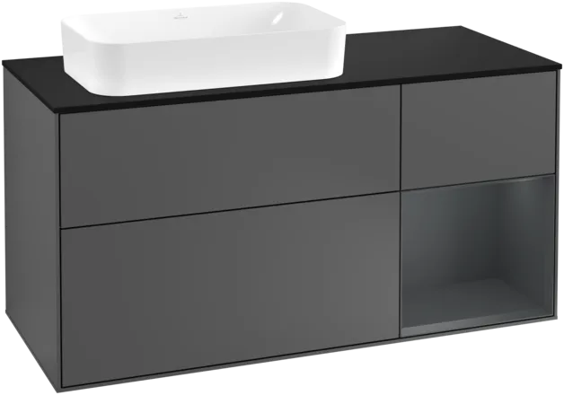 VILLEROY BOCH Toaletní skříňka Finion, s osvětlením, 3 výsuvy, 1200 x 603 x 501 mm, antracitový matný lak / půlnoční modrý matný lak / černé matné sklo #F282HGGK