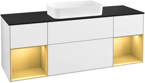 VILLEROY BOCH Toaletní skříňka Finion, s osvětlením, 4 výsuvy, 1600 x 603 x 501 mm, lesklý bílý lak / zlatý matný lak / černé matné sklo #F332HFGF