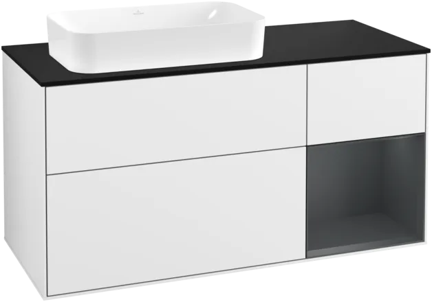 VILLEROY BOCH Toaletní skříňka Finion, s osvětlením, 3 výsuvy, 1200 x 603 x 501 mm, lesklý bílý lak / půlnoční modrý matný lak / černé matné sklo #F282HGGF