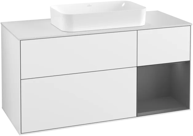 VILLEROY BOCH Toaletní skříňka Finion, s osvětlením, 3 výsuvy, 1200 x 603 x 501 mm, lesklý bílý lak / antracitový matný lak / bílé matné sklo #F301GKGF