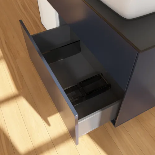 VILLEROY BOCH Toaletní skříňka Finion, s osvětlením, 3 výsuvy, 1200 x 603 x 501 mm, Midnight Blue Matt Lacquer / Glossy White Lacquer / Glass Black Matt #F802GFHG, obrázek 3