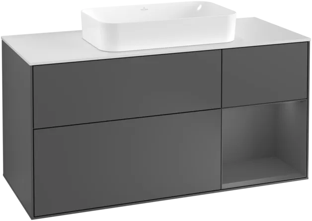VILLEROY BOCH Toaletní skříňka Finion, s osvětlením, 3 výsuvy, 1200 x 603 x 501 mm, antracit matný lak / antracit matný lak / sklo bílé matné #F301GKGK