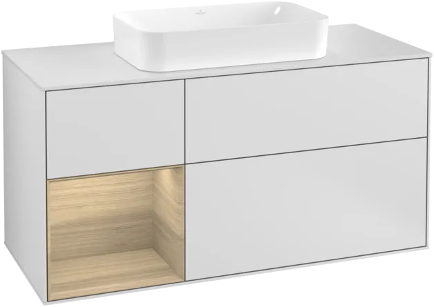 VILLEROY BOCH Toaletní skříňka Finion, s osvětlením, 3 výsuvy, 1200 x 603 x 501 mm, bílý matný lak / dubová dýha / sklo bílé matné #F291PCMT