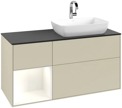 VILLEROY BOCH Toaletní skříňka Finion, s osvětlením, 3 výsuvy, 1200 x 603 x 501 mm, hedvábně šedý matný lak / lesklý bílý lak / černé matné sklo #F802GFHJ