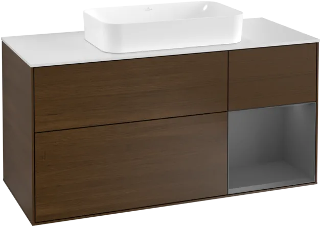 VILLEROY BOCH Toaletní skříňka Finion, s osvětlením, 3 výsuvy, 1200 x 603 x 501 mm, ořechová dýha / antracitový matný lak / bílé matné sklo #F301GKGN