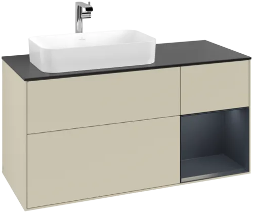 VILLEROY BOCH Toaletní skříňka Finion, s osvětlením, 3 výsuvy, 1200 x 603 x 501 mm, Silk Grey Matt Lacquer / Midnight Blue Matt Lacquer / Glass Black Matt #F282HGHJ