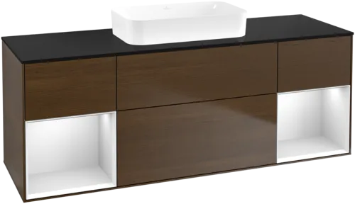 VILLEROY BOCH Toaletní skříňka Finion, s osvětlením, 4 výsuvy, 1600 x 603 x 501 mm, ořechová dýha / bílý matný lak / černé matné sklo #F742MTGN
