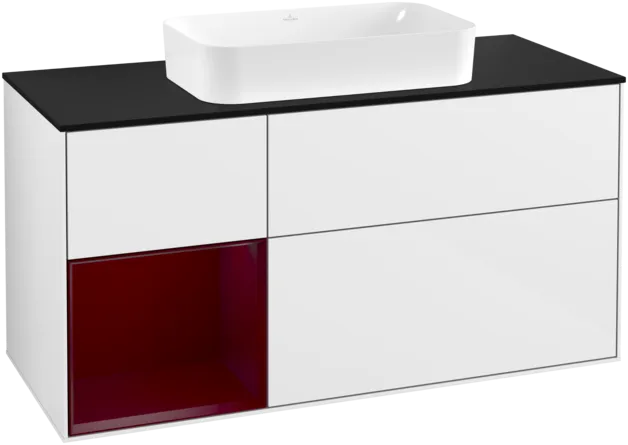 VILLEROY BOCH Toaletní skříňka Finion, s osvětlením, 3 výsuvy, 1200 x 603 x 501 mm, lesklý bílý lak / matný lak Pivoňka / matné černé sklo #F292HBGF