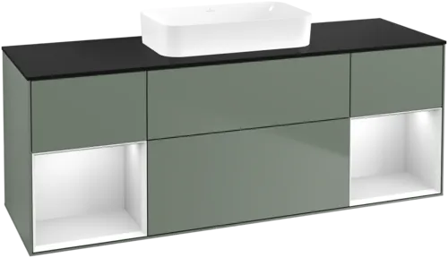 VILLEROY BOCH Toaletní skříňka Finion, s osvětlením, 4 výsuvy, 1600 x 603 x 501 mm, olivový matný lak / bílý matný lak / černé matné sklo #F742MTGM