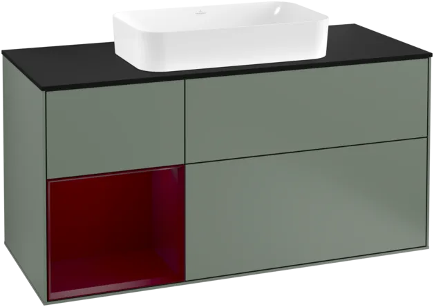VILLEROY BOCH Toaletní skříňka Finion, s osvětlením, 3 výsuvy, 1200 x 603 x 501 mm, olivový matný lak / pivoňkový matný lak / černé matné sklo #F292HBGM