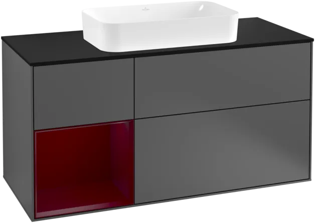 VILLEROY BOCH Toaletní skříňka Finion, s osvětlením, 3 výsuvy, 1200 x 603 x 501 mm, antracitový matný lak / pivoňkový matný lak / černé matné sklo #F292HBGK