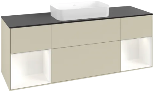 VILLEROY BOCH Toaletní skříňka Finion, s osvětlením, 4 výsuvy, 1600 x 603 x 501 mm, hedvábně šedý matný lak / bílý matný lak / černé matné sklo #F742MTHJ