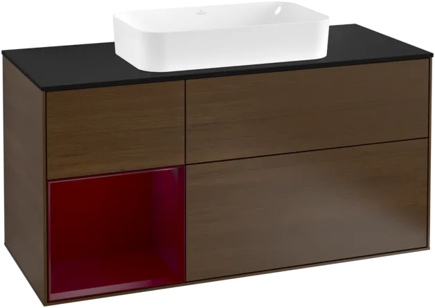 VILLEROY BOCH Toaletní skříňka Finion, s osvětlením, 3 výsuvy, 1200 x 603 x 501 mm, ořechová dýha / matný lak Pivoňka / černé matné sklo #F292HBGN