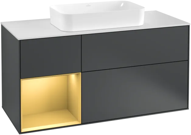VILLEROY BOCH Toaletní skříňka Finion, s osvětlením, 3 výsuvy, 1200 x 603 x 501 mm, Midnight Blue Matt Lacquer / Gold Matt Lacquer / Glass White Matt #F291HFHG
