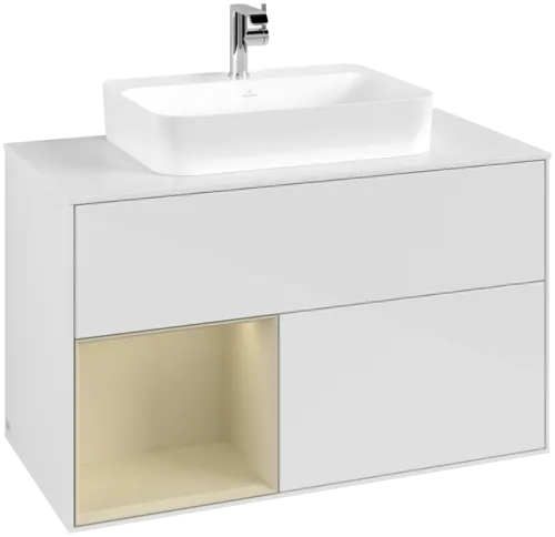 VILLEROY BOCH Toaletní skříňka Finion, s osvětlením, 2 výsuvy, 1000 x 603 x 501 mm, lesklý bílý lak / hedvábně šedý matný lak / bílé matné sklo #F361HJGF