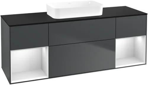 VILLEROY BOCH Toaletní skříňka Finion, s osvětlením, 4 výsuvy, 1600 x 603 x 501 mm, Midnight Blue Matt Lacquer / White Matt Lacquer / Glass Black Matt #F742MTHG
