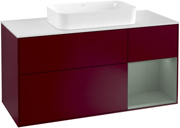 VILLEROY BOCH Toaletní skříňka Finion, s osvětlením, 3 výsuvy, 1200 x 603 x 501 mm, Pivoňka matný lak / Olivový matný lak / Sklo bílé matné #F301GMHB