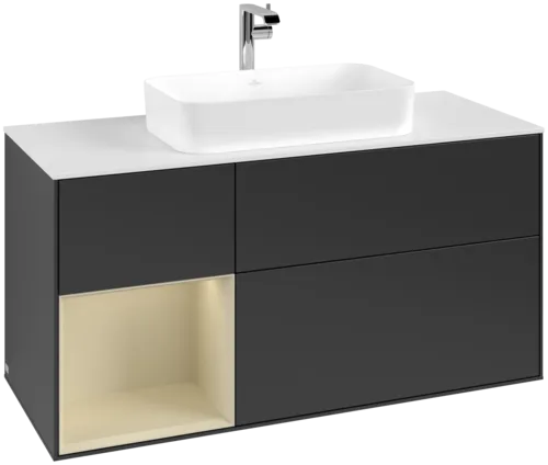 VILLEROY BOCH Toaletní skříňka Finion, s osvětlením, 3 výsuvy, 1200 x 603 x 501 mm, černý matný lak / hedvábně šedý matný lak / bílé matné sklo #F291HJPD