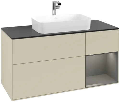 VILLEROY BOCH Toaletní skříňka Finion, s osvětlením, 3 výsuvy, 1200 x 603 x 501 mm, hedvábně šedý matný lak / antracitový matný lak / černé matné sklo #F302GKHJ