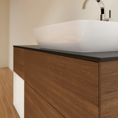 VILLEROY BOCH Toaletní skříňka Finion, s osvětlením, 3 výsuvy, 1200 x 603 x 501 mm, ořechová dýha / lesklý bílý lak / sklo černé matné #F802GFGN, obrázek 5