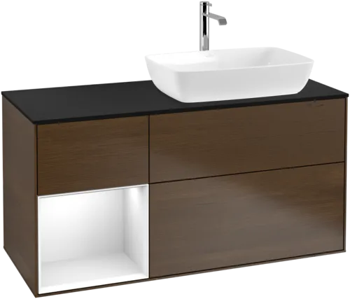 VILLEROY BOCH Toaletní skříňka Finion, s osvětlením, 3 výsuvy, 1200 x 603 x 501 mm, ořechová dýha / lesklý bílý lak / sklo černé matné #F802GFGN