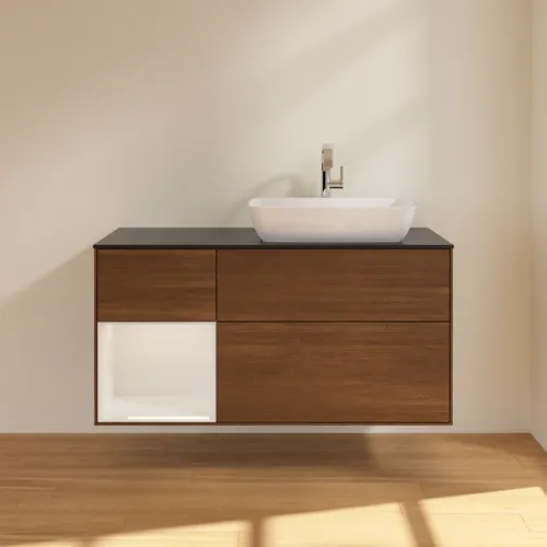 VILLEROY BOCH Toaletní skříňka Finion, s osvětlením, 3 výsuvy, 1200 x 603 x 501 mm, ořechová dýha / lesklý bílý lak / sklo černé matné #F802GFGN, obrázek 3