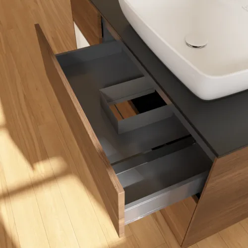 VILLEROY BOCH Toaletní skříňka Finion, s osvětlením, 3 výsuvy, 1200 x 603 x 501 mm, ořechová dýha / lesklý bílý lak / sklo černé matné #F802GFGN, obrázek 7