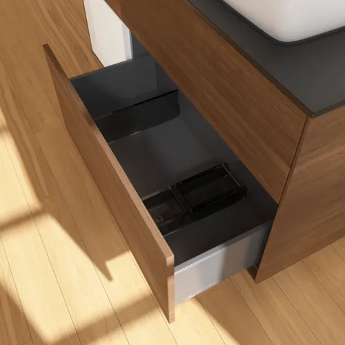 VILLEROY BOCH Toaletní skříňka Finion, s osvětlením, 3 výsuvy, 1200 x 603 x 501 mm, ořechová dýha / lesklý bílý lak / sklo černé matné #F802GFGN, obrázek 6