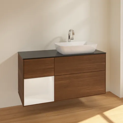 VILLEROY BOCH Toaletní skříňka Finion, s osvětlením, 3 výsuvy, 1200 x 603 x 501 mm, ořechová dýha / lesklý bílý lak / sklo černé matné #F802GFGN, obrázek 2