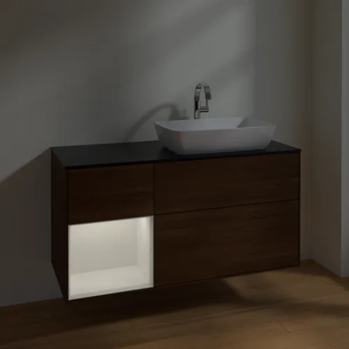VILLEROY BOCH Toaletní skříňka Finion, s osvětlením, 3 výsuvy, 1200 x 603 x 501 mm, ořechová dýha / lesklý bílý lak / sklo černé matné #F802GFGN, obrázek 4