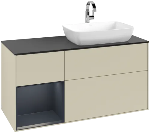 VILLEROY BOCH Toaletní skříňka Finion, s osvětlením, 3 výsuvy, 1200 x 603 x 501 mm, Silk Grey Matt Lacquer / Midnight Blue Matt Lacquer / Glass Black Matt #F802HGHJ