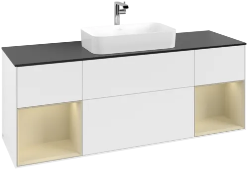 VILLEROY BOCH Toaletní skříňka Finion, s osvětlením, 4 výsuvy, 1600 x 603 x 501 mm, bílý matný lak / hedvábně šedý matný lak / černé matné sklo #F332HJMT