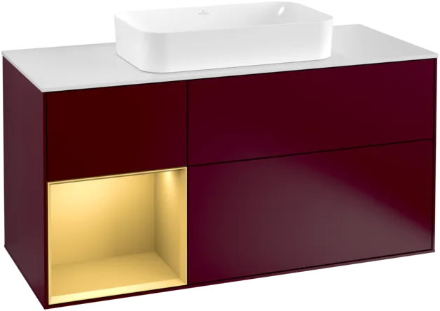 VILLEROY BOCH Toaletní skříňka Finion, s osvětlením, 3 výsuvy, 1200 x 603 x 501 mm, Peony Matt Lacquer / Gold Matt Lacquer / Glass White Matt #F291HFHB