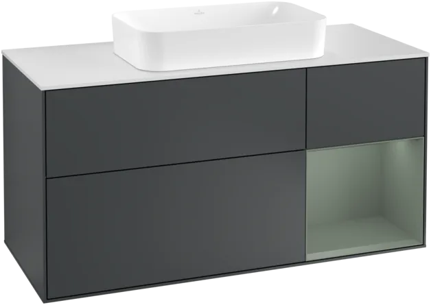 VILLEROY BOCH Toaletní skříňka Finion, s osvětlením, 3 výsuvy, 1200 x 603 x 501 mm, Midnight Blue Matt Lacquer / Olive Matt Lacquer / Glass White Matt #F301GMHG