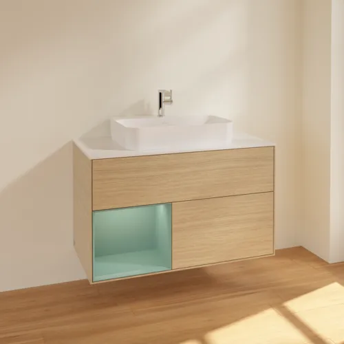 VILLEROY BOCH Toaletní skříňka Finion, s osvětlením, 2 výsuvy, 1000 x 603 x 501 mm, dubová dýha / olivový matný lak / sklo bílé matné #F361GMPC, obrázek 2