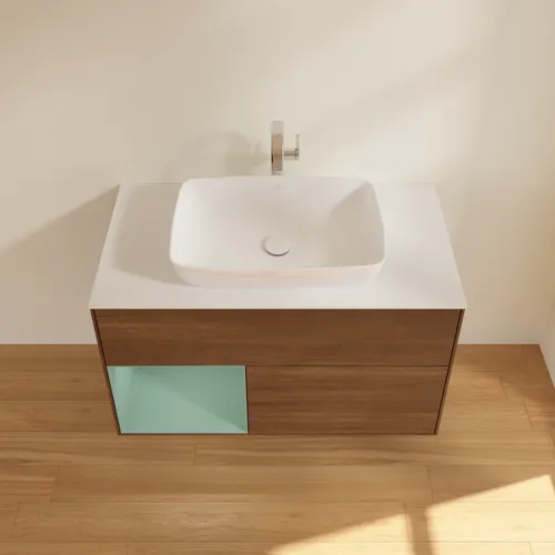 VILLEROY BOCH Toaletní stolek Finion, s osvětlením, 2 výsuvy, 1000 x 603 x 501 mm, ořechová dýha / olivový matný lak / sklo bílé matné #F771GMGN, obrázek 4