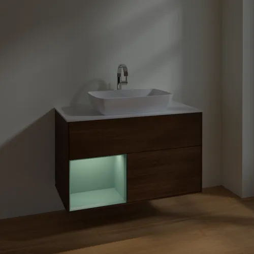VILLEROY BOCH Toaletní stolek Finion, s osvětlením, 2 výsuvy, 1000 x 603 x 501 mm, ořechová dýha / olivový matný lak / sklo bílé matné #F771GMGN, obrázek 5