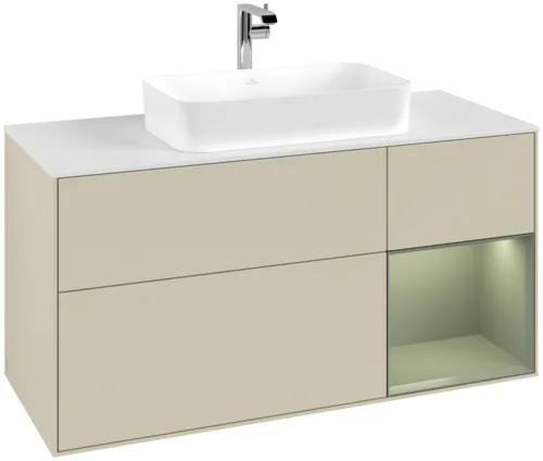 VILLEROY BOCH Toaletní skříňka Finion, s osvětlením, 3 výsuvy, 1200 x 603 x 501 mm, hedvábně šedý matný lak / olivový matný lak / bílé matné sklo #F301GMHJ