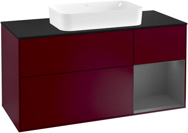VILLEROY BOCH Toaletní skříňka Finion, s osvětlením, 3 výsuvy, 1200 x 603 x 501 mm, Pivoňka matný lak / Antracit matný lak / Sklo černé matné #F302GKHB
