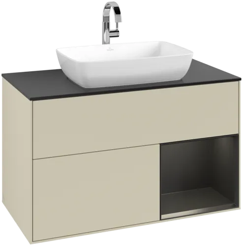 VILLEROY BOCH Toaletní skříňka Finion, s osvětlením, 2 výsuvy, 1000 x 603 x 501 mm, hedvábně šedý matný lak / černý matný lak / černé matné sklo #F782PDHJ