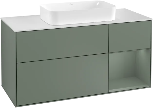 VILLEROY BOCH Toaletní skříňka Finion, s osvětlením, 3 výsuvy, 1200 x 603 x 501 mm, olivově matný lak / olivově matný lak / sklo bílé matné #F301GMGM