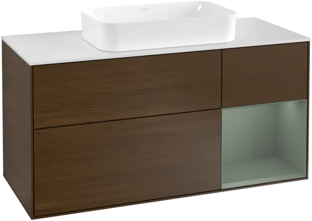 VILLEROY BOCH Toaletní stolek Finion, s osvětlením, 3 výsuvy, 1200 x 603 x 501 mm, ořechová dýha / olivový matný lak / sklo bílé matné #F301GMGN