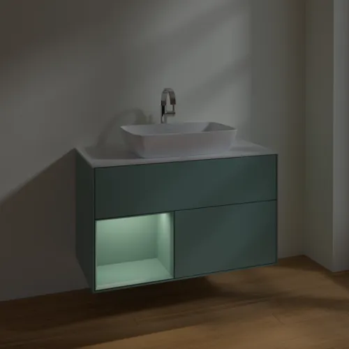 VILLEROY BOCH Toaletní skříňka Finion, s osvětlením, 2 výsuvy, 1000 x 603 x 501 mm, olivově matný lak / olivově matný lak / sklo bílé matné #F771GMGM, obrázek 5