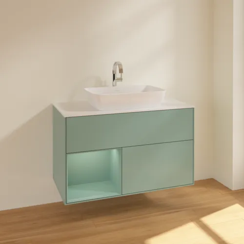 VILLEROY BOCH Toaletní skříňka Finion, s osvětlením, 2 výsuvy, 1000 x 603 x 501 mm, olivově matný lak / olivově matný lak / sklo bílé matné #F771GMGM, obrázek 2