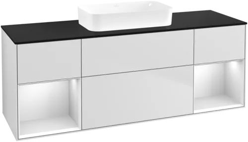 VILLEROY BOCH Toaletní skříňka Finion, s osvětlením, 4 výsuvy, 1600 x 603 x 501 mm, bílý matný lak / bílý matný lak / černé matné sklo #F742MTMT