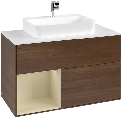 VILLEROY BOCH Toaletní skříňka Finion, s osvětlením, 2 výsuvy, 1000 x 603 x 501 mm, ořechová dýha / hedvábně šedý matný lak / sklo bílé matné #F361HJGN
